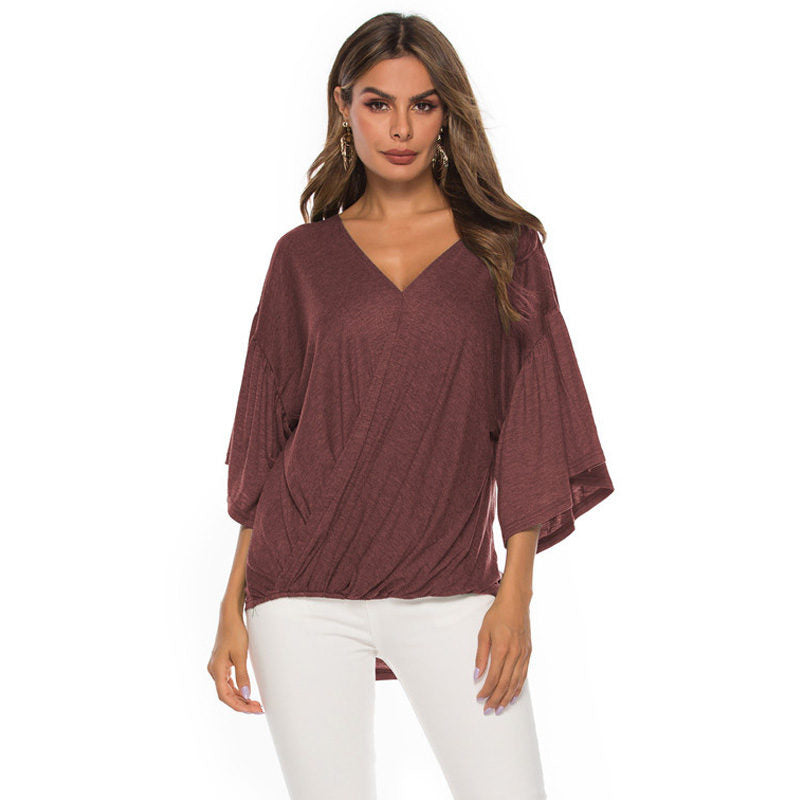 Womens Summer Ruffle Sleeve V-Neck T-Shirt Knot Tops-WineRed