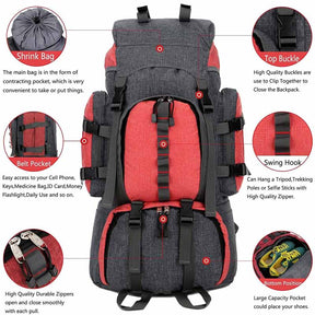 55L Backpack Internal Frame Hiking Water Resistant Travel Packs with Rain Cover-Red