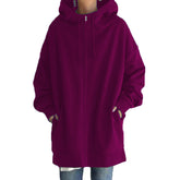 Womens Long Fleece Sweatshirt Simple Full Zip Hoodies-RoseRed