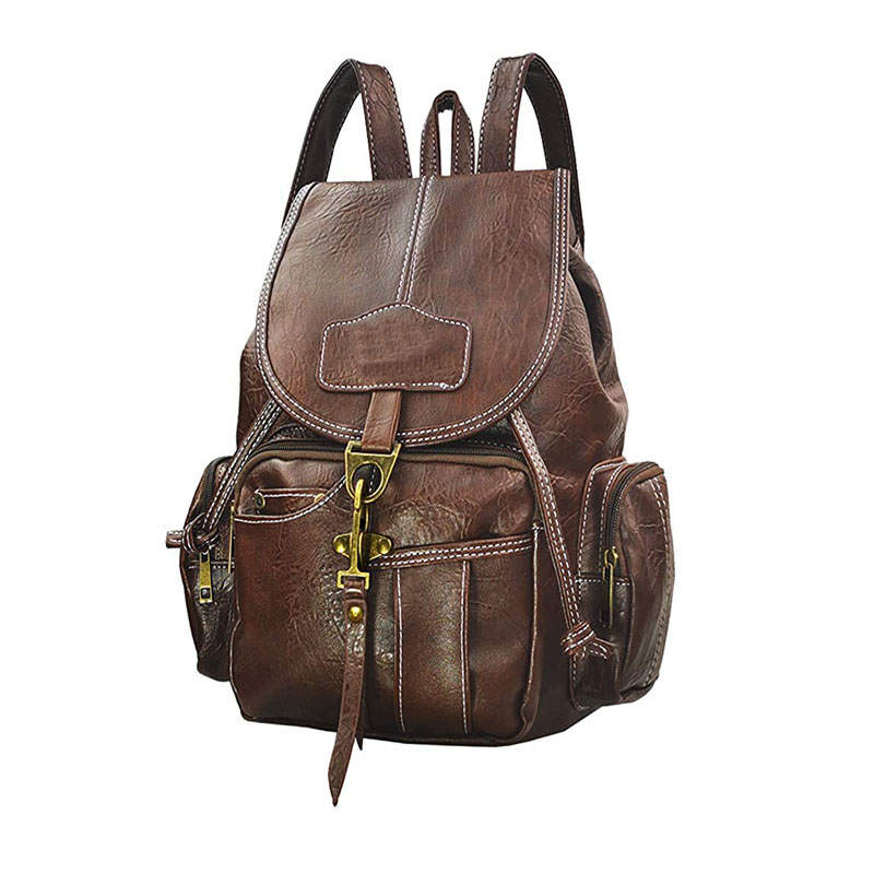 Teenager Leather Backpack Wallet Travel Drawstring Backpack-DarkBrown