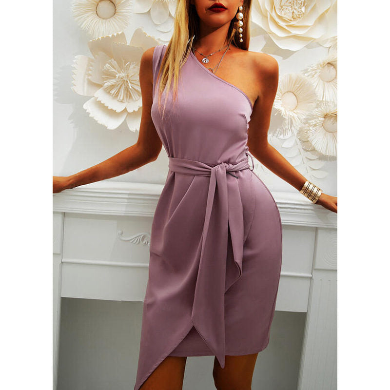 Solid Color Sleeveless Sloping Shoulder Strap Party Cocktail Dress-Purple