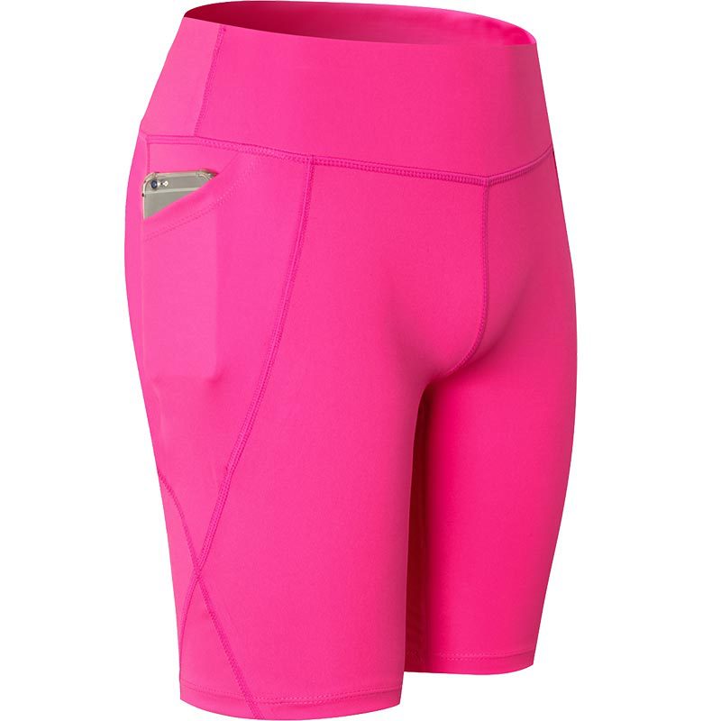 Women Yoga Shorts With Pocket High Waist Fitness Leggings Sports Running Quick Drying Perspiration Tights 2034-Rose Red