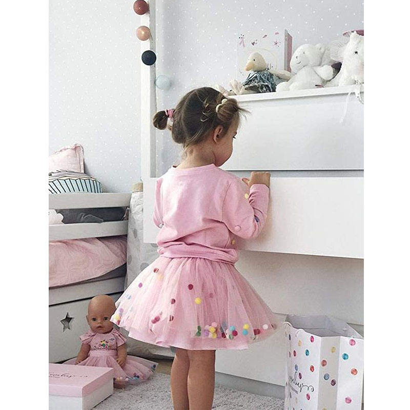 Girl Tutu Skirt Fluffy Toddler Tulle Tutus 3 Layers With Pom Pom Puff Balls-Pink