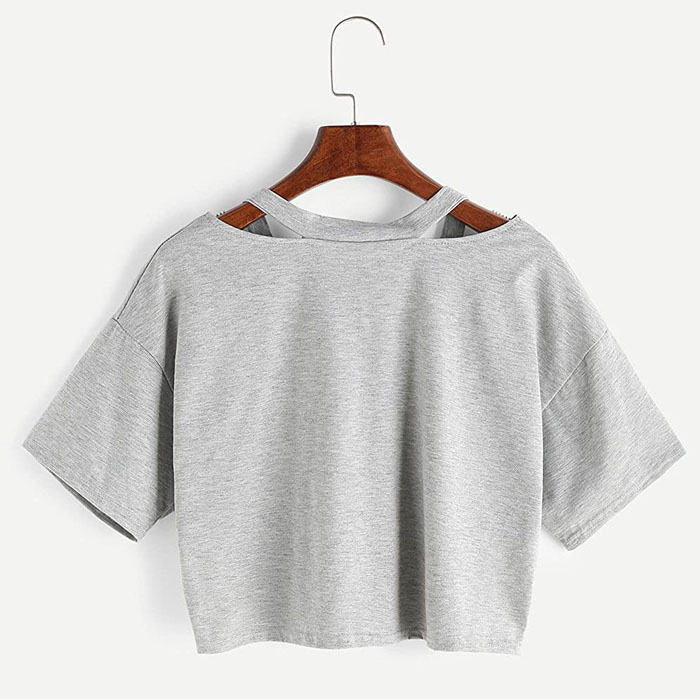 Fashion Embroidery Teen Girls Rose Crop Top Short Sleeve T-Shirt-Gray