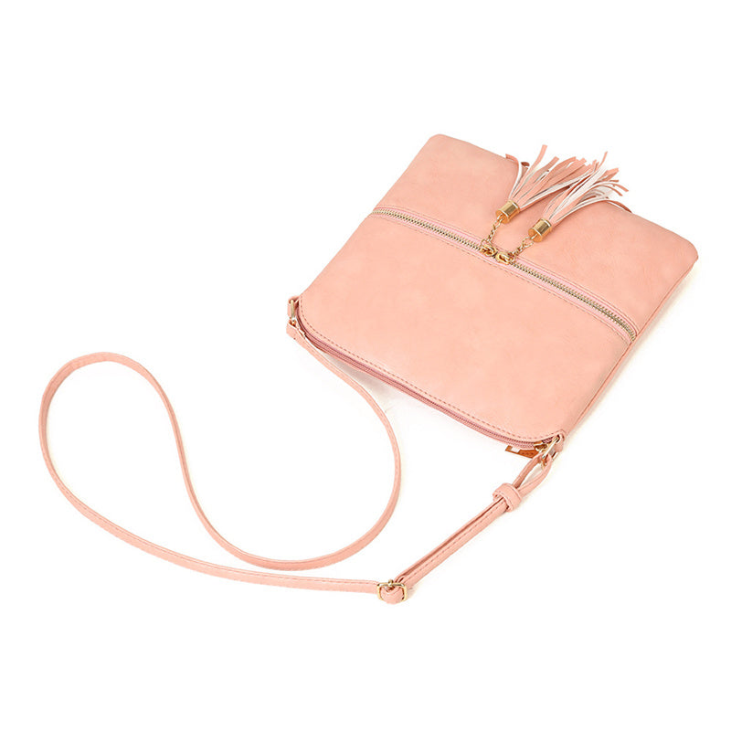 Lightweight Medium Crossbody Bag with Tassel-Pink