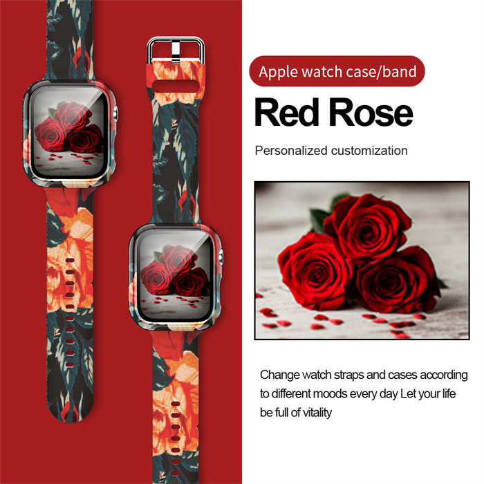 Silicone Printed Watch Band with Screen Protector Case for iWatch Series SE/6/5/4/3/2/1-RedRose