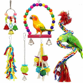 6Pcs Bird Swing Toys Parrot Chew Natural Wood and Rope Bungee Toys