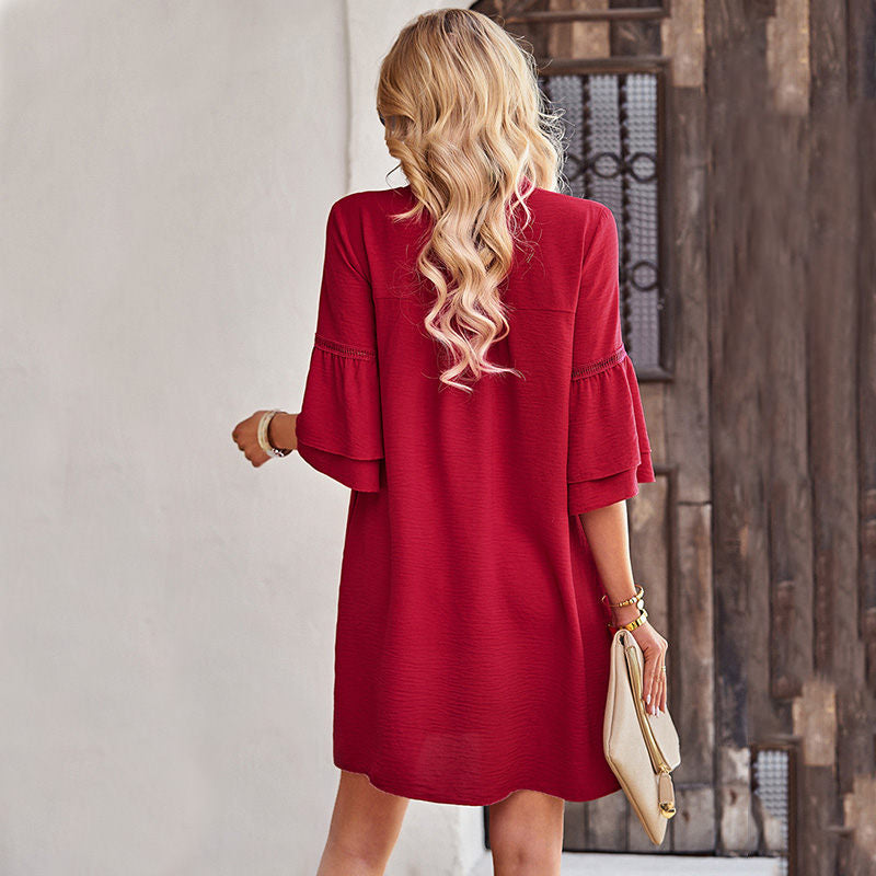 Womens Casual V Neck Dress 3/4 Sleeves Solid Color Loose Summer Dresses-Wine Red