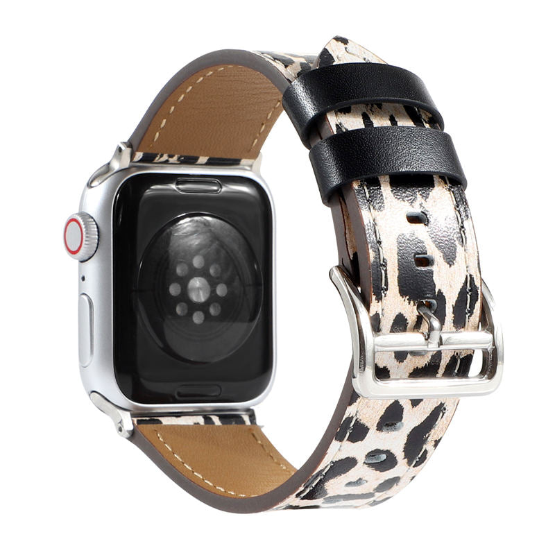 Genuine Leather Apple Watch Band Leopard Wristband for iWatch Series SE/6/5/4/3/2/1-White