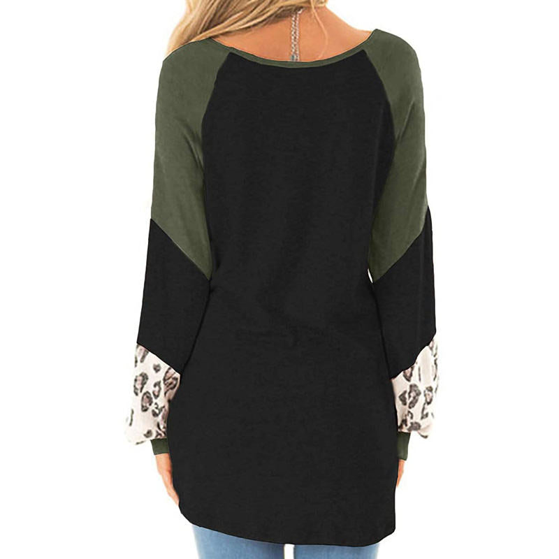 Womens Color-Blocking Pullover Raglan Long Sleeve Loose Shirt-Black