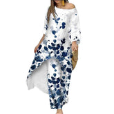 Womens Off Shoulder Irregular Printed Cropped Sleeve Wide Leg Pants Suit-4