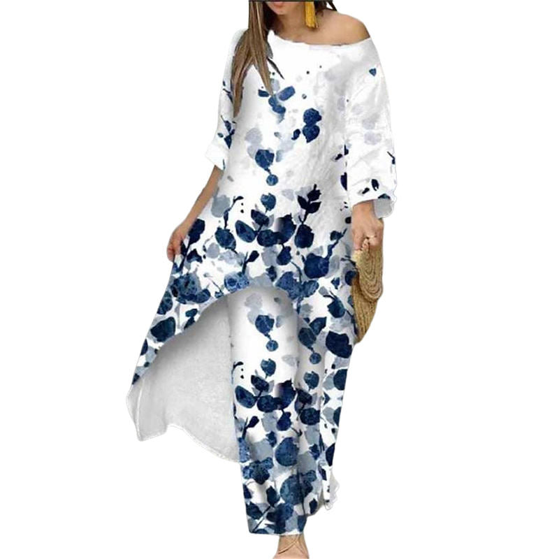 Womens Off Shoulder Irregular Printed Cropped Sleeve Wide Leg Pants Suit-4