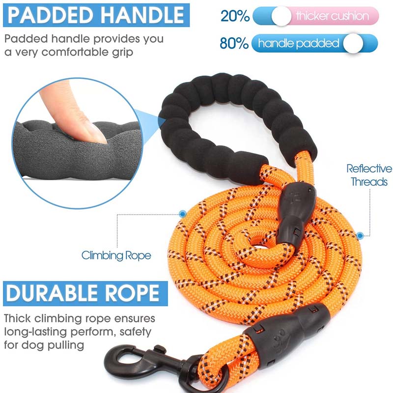 Strong Dog Leash with Comfortable Padded Handle and Highly Reflective Threads-Orange