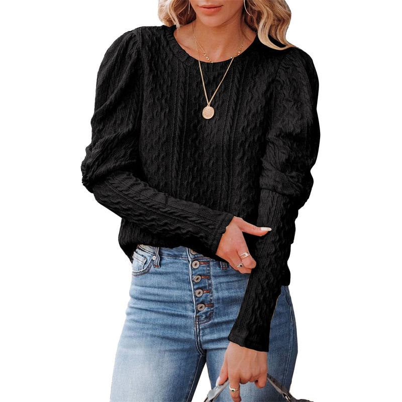 Womens Long Sleeve Sweaters Solid Color Jacquard Weave Round Neck Knit Tops-Black
