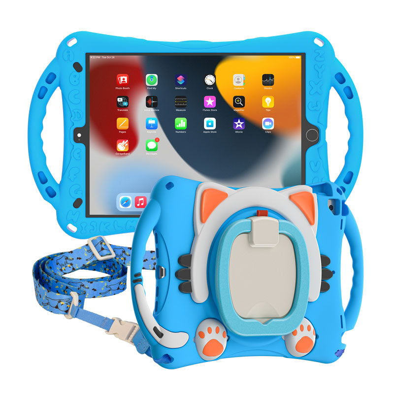 CatB Silicone Case For iPad 10.2 Air10.5 Pro10.5 Shockproof Shoulder Strap Handle Stand-Light Blue