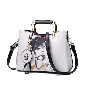 Ladies Leather Personalized Print Handbags Large Capacity Satchel-White Hat Girl