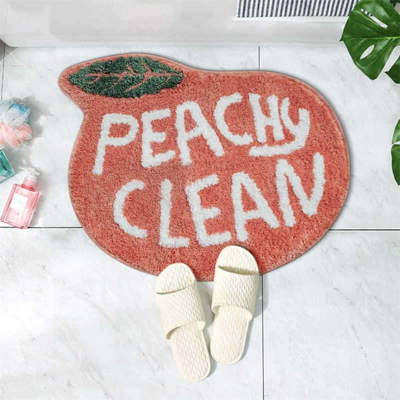 Bath Rug Coral Pink Peach Shape with White Words Cartoon Plush Water Absorbent Bathroom Decor Non Slip Washable Rug