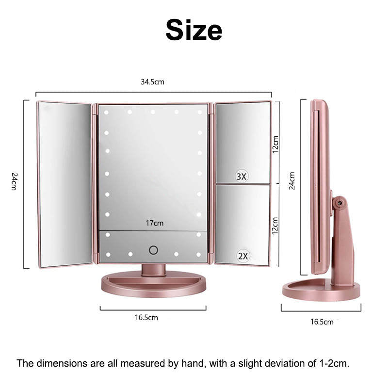 Tri-Fold Lighted Vanity Mirror with 22 LED Lights 3X/2X/10X Magnification Make Up Mirror-Rosegold