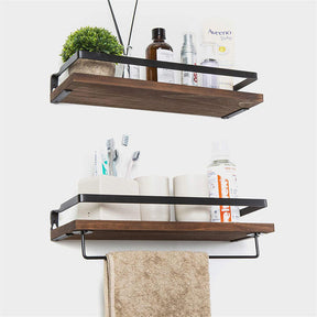 Floating Shelf Wall-mounted Storage Rack for Kitchen and Bathroom 2-piece Wooden Set-Brown