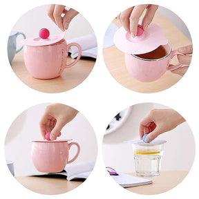 4Pcs Food Grade Silicone Cup Lid Can Put a Spoon Creative Drink Cover