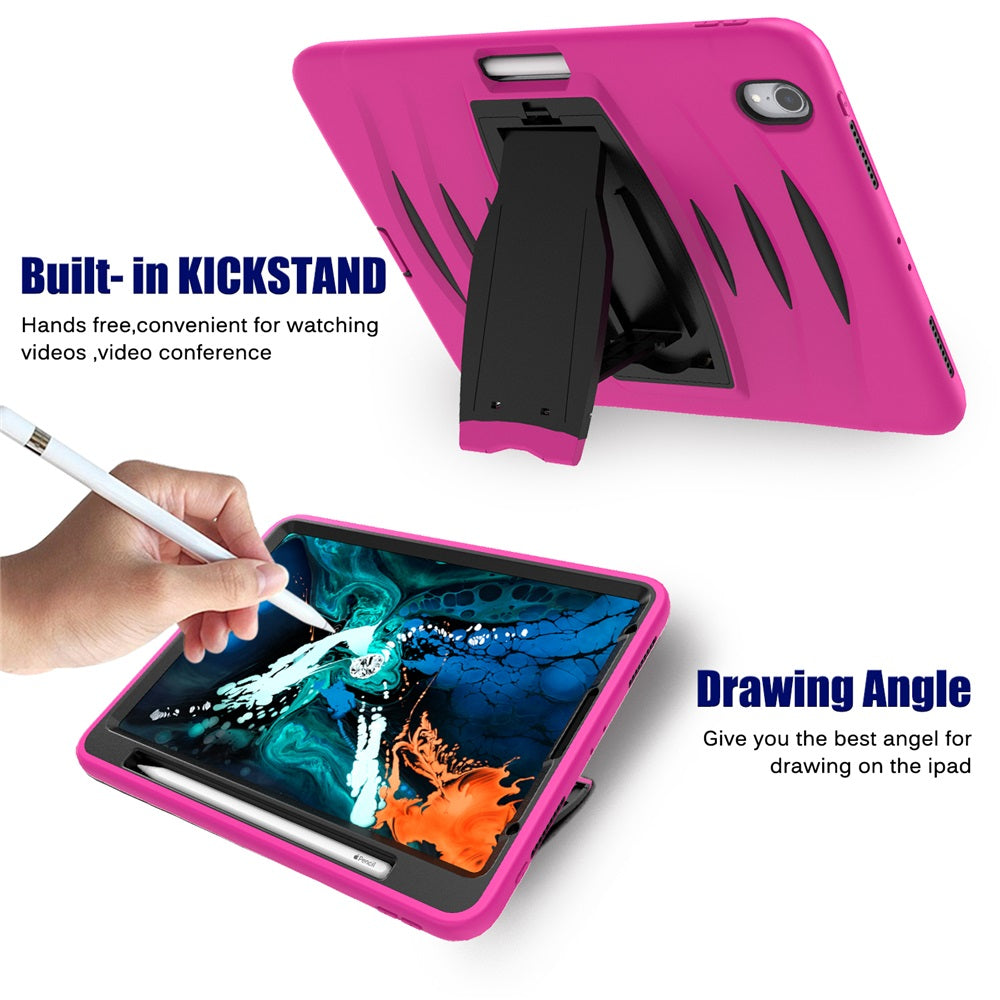 Shock Wave Kickstand Case Anti-Fall Protection With Pencil Holder For iPad Pro12.9 (2018)-Rose Red