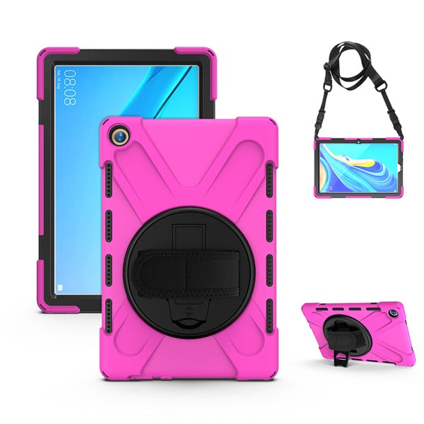 OnePiece Tablet Case Anti-fall Protective Cover Bulit-in Kickstand/Hand+Neck Strap For HuaWei MediaPad M6 10.8inch 2019/Matepad 10.8inch-Rose Red