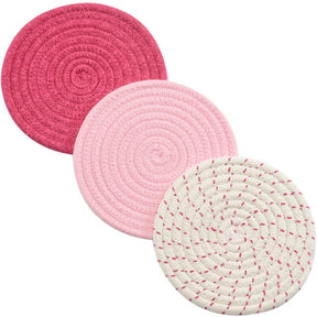 3 Pcs Potholders Colorful Cotton Thread Weave Stylish Coasters Heat Insulation Table Mat by Diameter 18CM-Pink