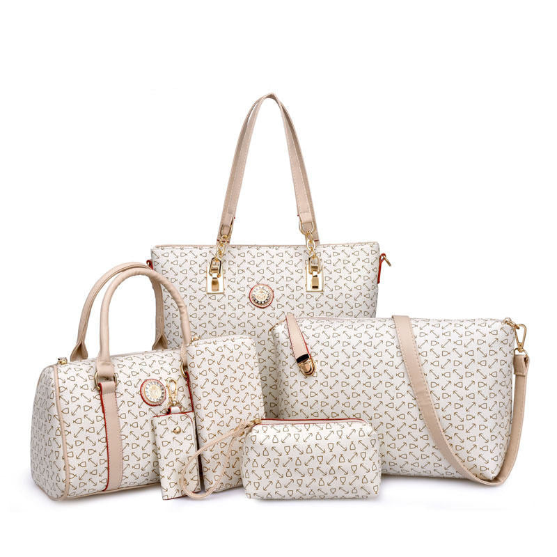 6 Pcs Women Handbag Set PU Leather Multi purpose Shoulder Bag-White