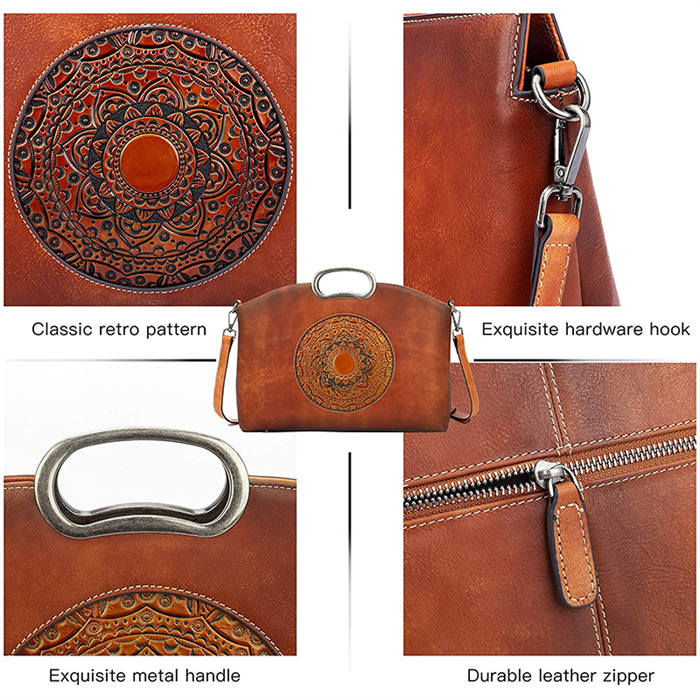 Leather Handbags for Women Vintage Embossing Totem Shoulder Bag-Brown