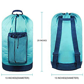 Backpack Laundry Bag With Shoulder Straps And Mesh Pocket Durable Nylon Clothes Bag for College Travel Laundromat -Sky Blue