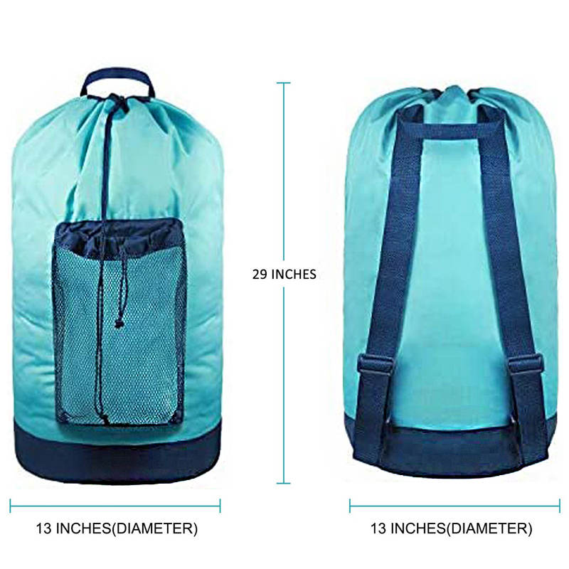 Backpack Laundry Bag With Shoulder Straps And Mesh Pocket Durable Nylon Clothes Bag for College Travel Laundromat -Sky Blue