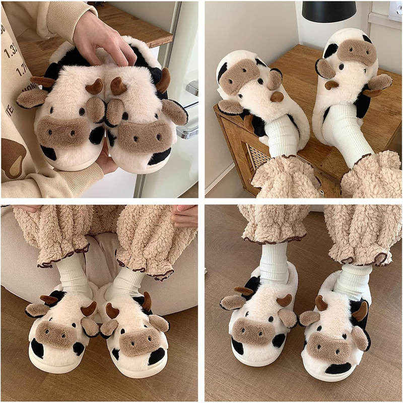 Cute Plush Cow Slippers for Women Anti-Slip Winter House Shoes