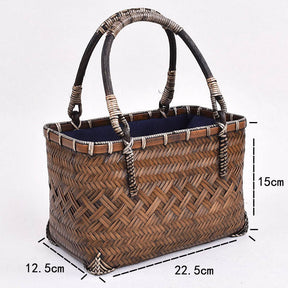 Retro Womens Bamboo Handbag Handmade Large Tote Bag Wicker Basket Bag-Carbonized