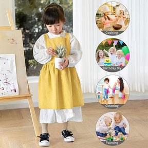 Girls Linen Cotton Apron Adjustable Bib for Cooking Painting-Yellow