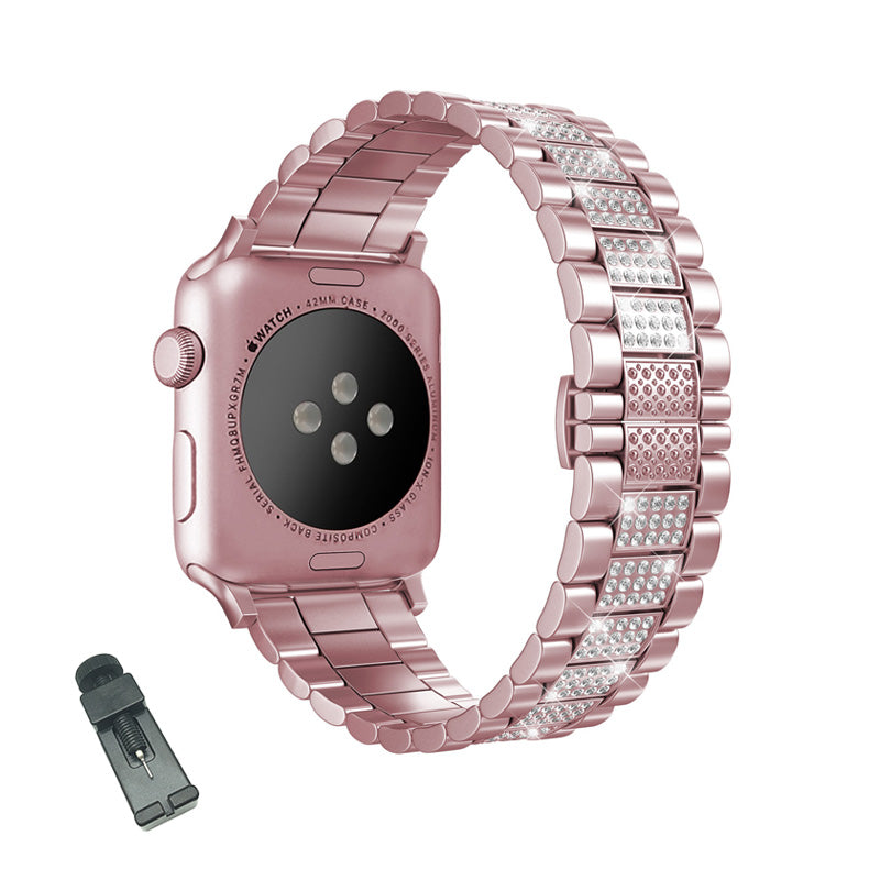 SZZ Bling Watch Band Business Stainless Steel Wristbands for Apple IWatch Series SE/1/2/3/4/5/6 For Women-Rose Pink