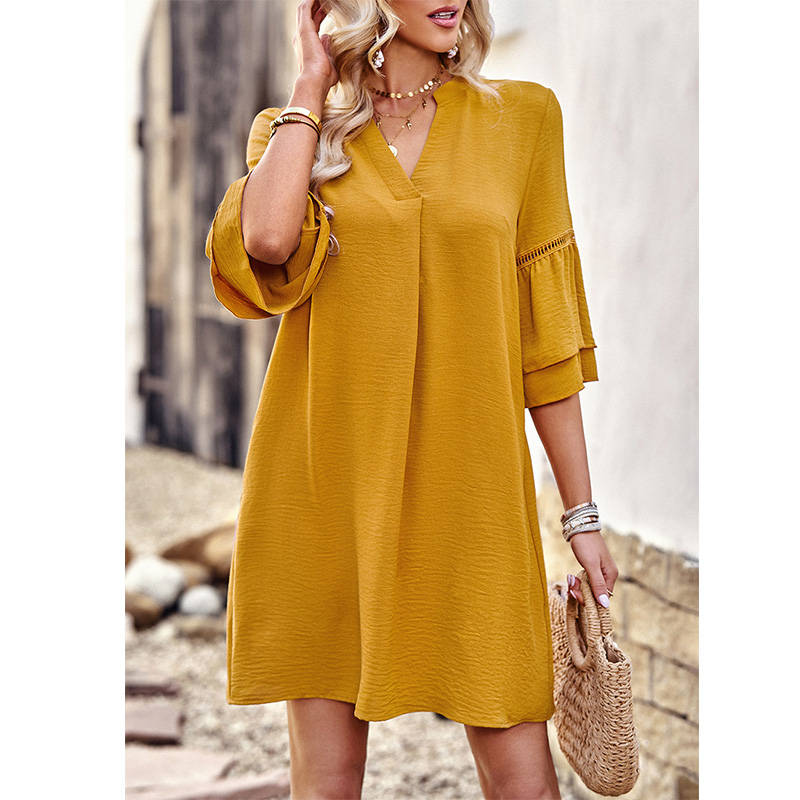 Womens Casual V Neck Dress 3/4 Sleeves Solid Color Loose Summer Dresses-Yellow