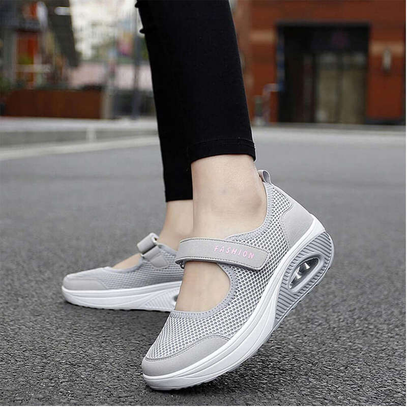 Women Casual Air Cushion Sneakers Velcro Mary Jane Shoes-Gray