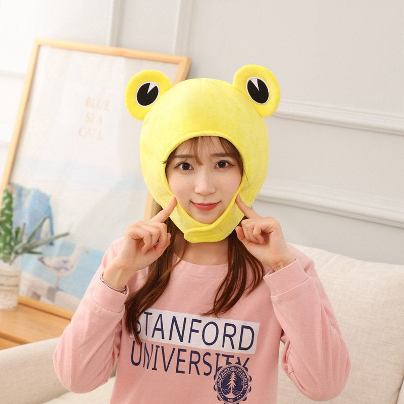 Plush Frog Hat Cap Frog Ears Costume Halloween Animal Hats Cosplay Party Costume Accessories for Kids Adults -Yellow