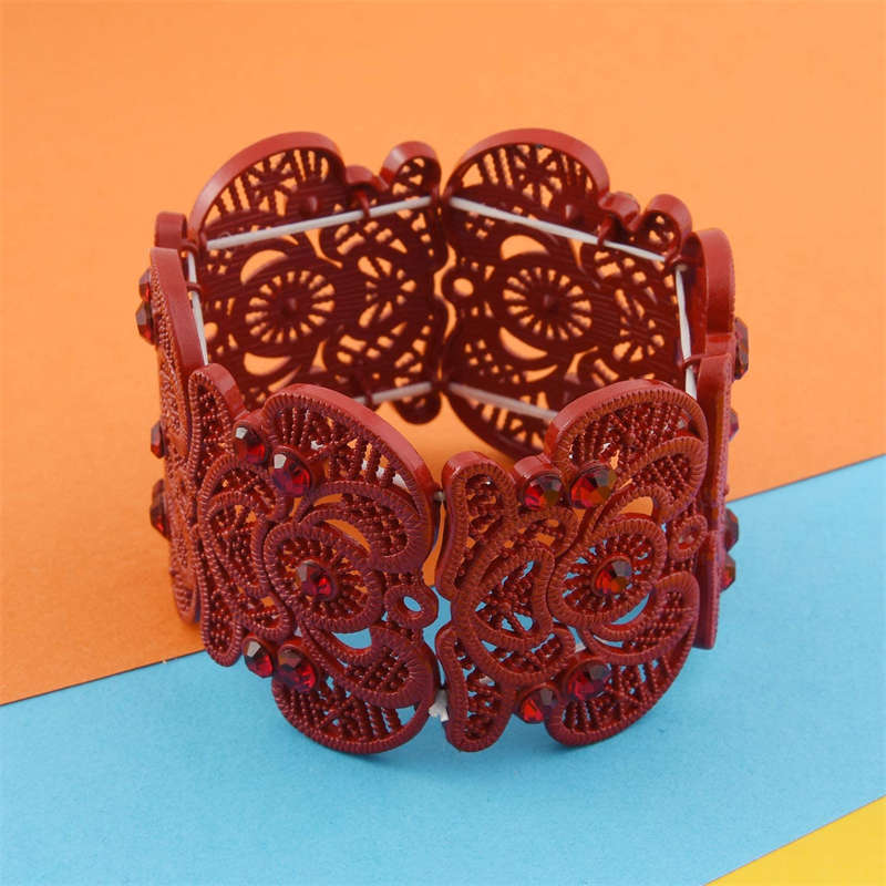 Womens Vintage Filigree Cuff Bangle Bracelet-Red