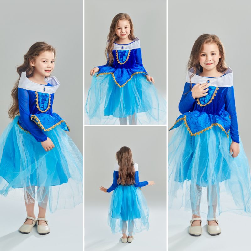 Girls Princess Dress Set Halloween Christmas Party Cosplay Costume-Blue