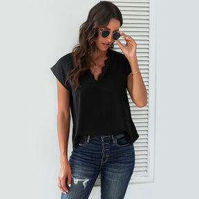 Womens Lace V Neck Blouse Solid Color Summer Lightweight Casual Chiffon Shirt-Black