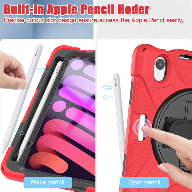 iPad Shockproof Case For iPad Mini 6 With Pencil Holder Kickstand/Shoulder Strap-Red