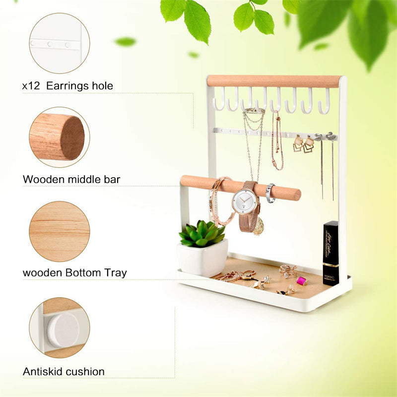 Jewelry Stand Holder 4-Tier Necklace Hanging Wooden Ring Organizer Earring Tray White