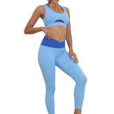 Womens Color Block Hip Lift Fitness Suit Sports Underwear and Yoga Trousers-Blue