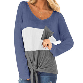 Womens Long Sleeve V-neck Autumn T-shirt Loose Top with Pockets-Blue