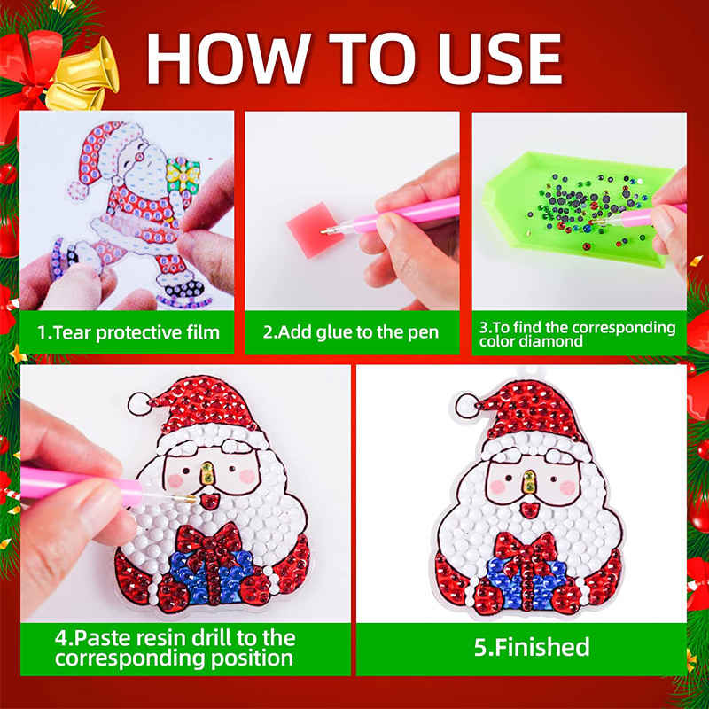 8 Pcs Christmas DIY Diamond Painting KeyChains Kits for Kids Ages 6-12