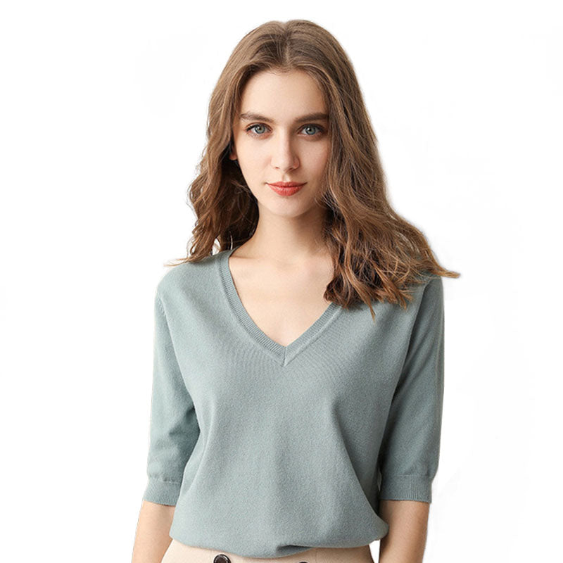 Womens V Neck Sweaters Soft Tops Knit Casual Solid Pullover-Green