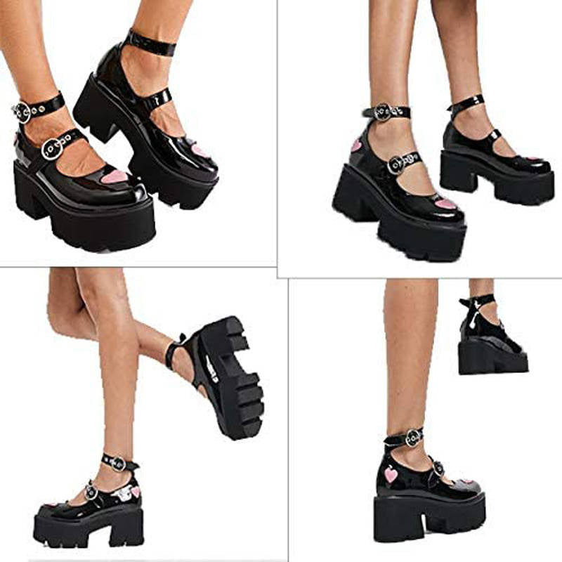 Womens Chunky Heel Goth Platform Mary Jane Lolita Wedges Dress Shoes-Black