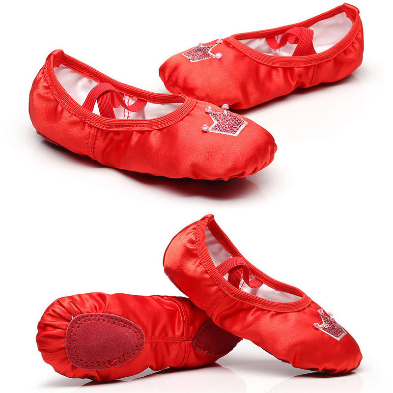 Ballet Shoes for Girls Soft Leather Satin Flat Gymnastic Shoes-Red
