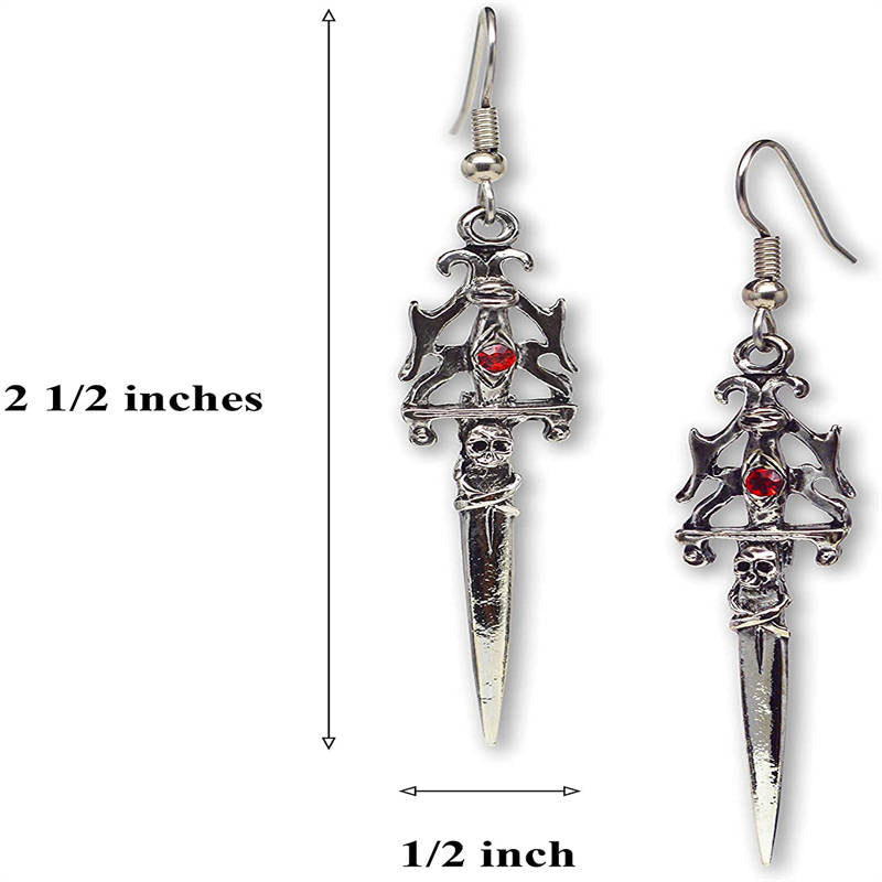 Gothic Skull Dagger Dangle Earrings with Red Crystals